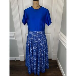 TAWNI HAYNES Royal Blue Lace Overlay Fit Flare Midi Dress Women's Size M